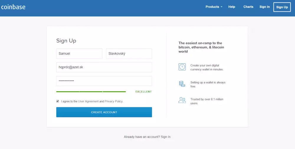 coinbase registracne udaje