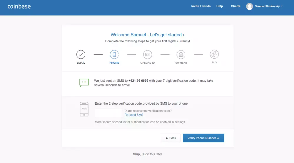 coinbase profil SMS