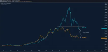 Cena Bitcoinu vs. trhová kapitalizácia altcoinov. Zdroj: TradingView, Filbfilb