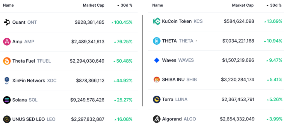 Najlepšie výsledky z TOP 100 kryptomien za posledných 30 dní. Zdroj: CoinMarketCap