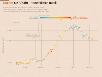 Akumulácia Bitcoinu za posledných 12 mesiacov. Zdroj: Coinmetrics