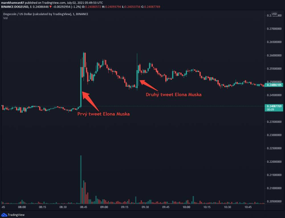 DOGE/USD po zverejnení tweetov od Muska. Zdroj: TradingView