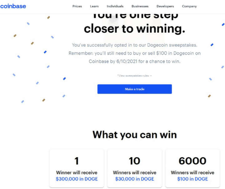 Lotéria na burze Coinbase. Zdroj: Coinbase