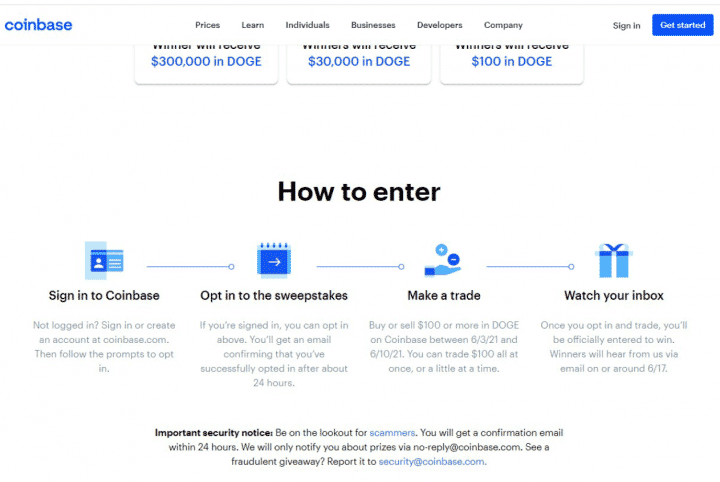 Informácie o lotérií. Zdroj: Coinbase