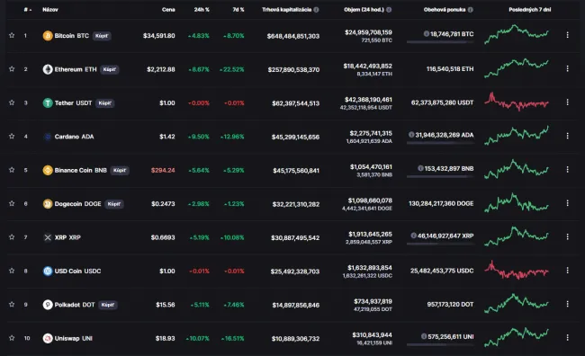 TOP 10 kryptomeny, zdoj: coinmarketcap.com