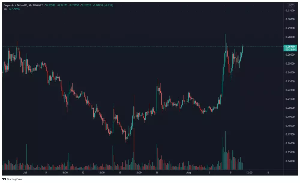 DOGE/USDT 4 - hodinový TF. Zdroj: TradingView