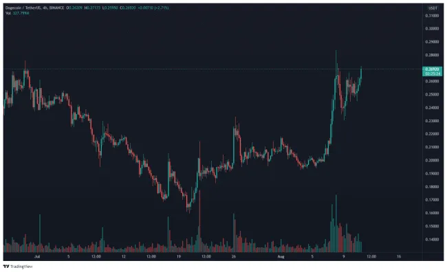 DOGE/USDT 4 - hodinový TF. Zdroj: TradingView