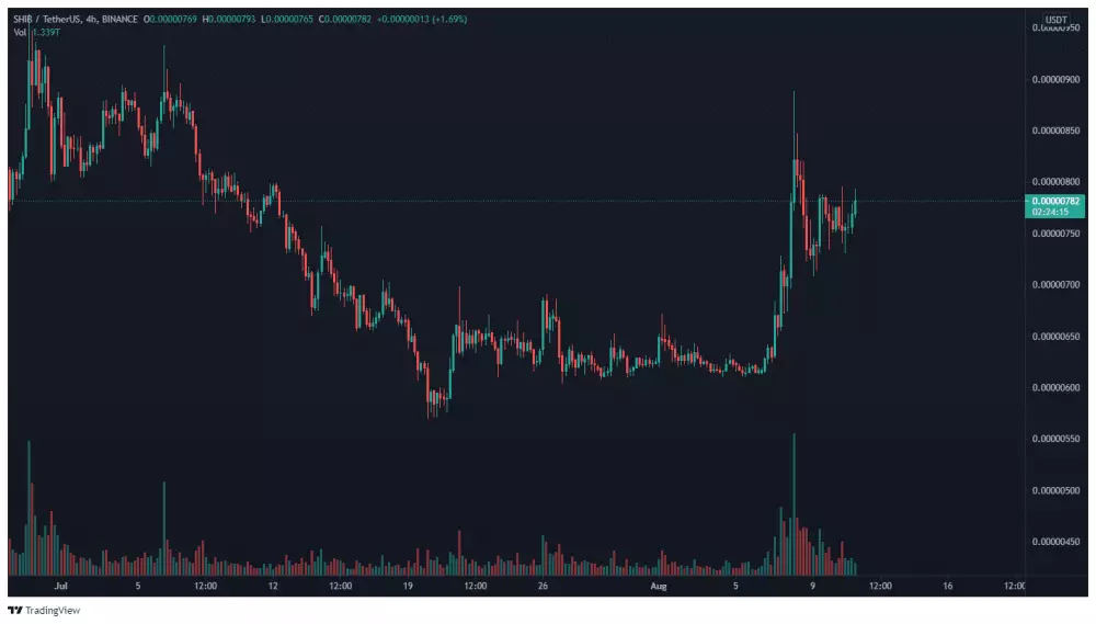 SHIB/USDT 4 - hodinový TF. Zdroj: TradingView