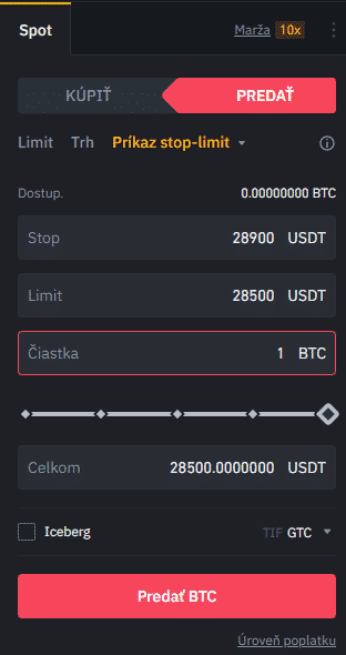 Stop-limit na predaj. Zdroj: Binance