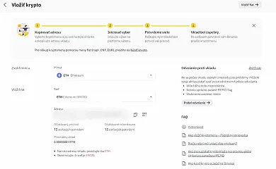 Vklad krypto na Binance. Zdroj: Binance