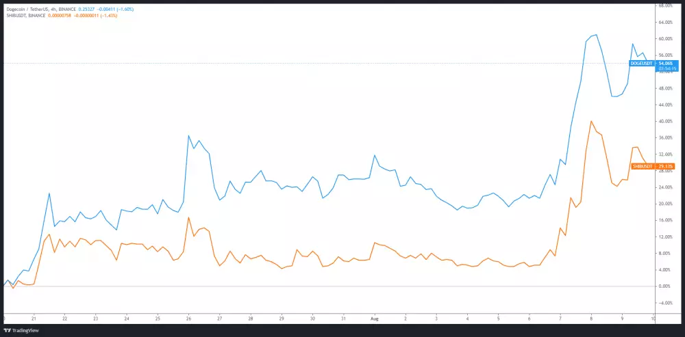 DOGE/USDT vs. SHIB/USDT 4 - hodinový TF. Zdroj: TradingView