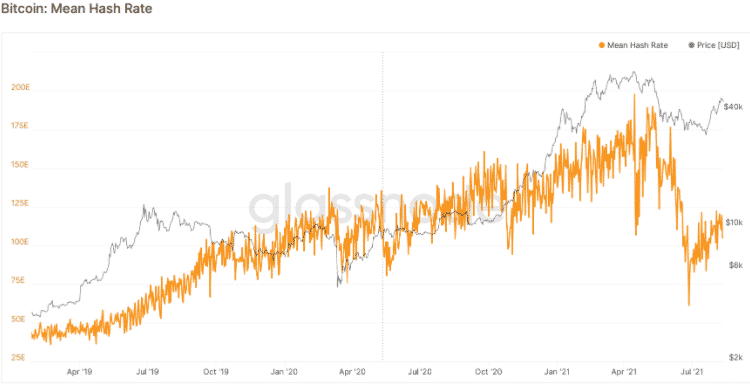 Hash rate BTC vs. cena BTC. Zdroj: Glassnode