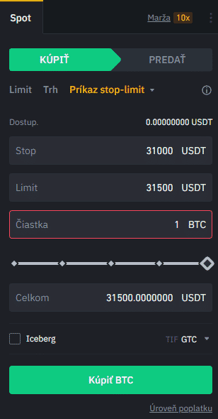 Stop-limit na nákup. Zdroj: Binance