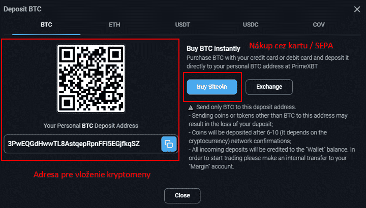 Adresa pre vloženie kryptomeny na PrimeXBT. Zdroj: PrimeXBT
