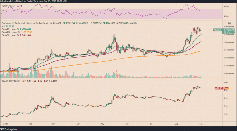 Cena ADA vs. jej dominancia na trhu voči všetkým kryptomenám. Zdroj: TradingView