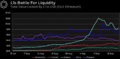 Celkové množstvo USD uzakmnuté v top projektoch layer1. Zdroj: Delphi Digital