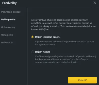 Režim pozície. Zdroj: Binance