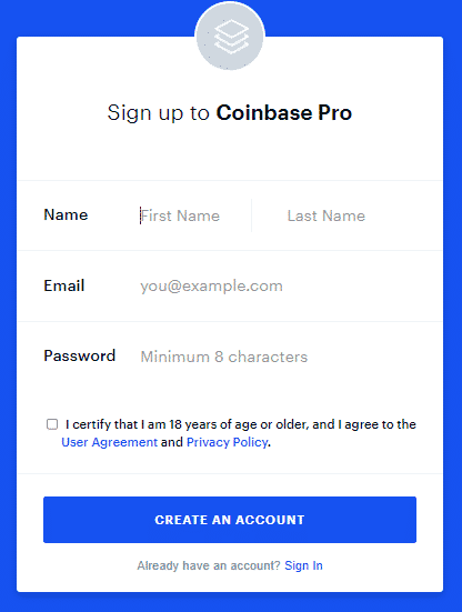 Coinbase Pro registrácia účtu. Zdroj: Coinbase Pro