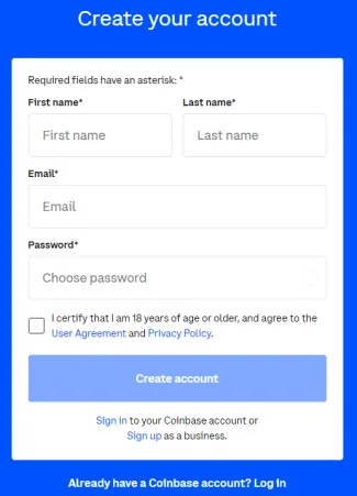 Coinbase registrácia krok 2. Zdroj: Coinbase
