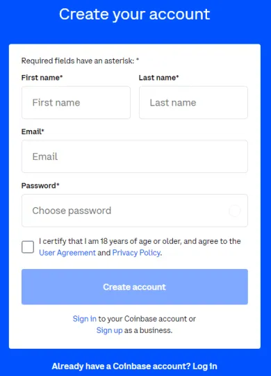 Coinbase registrácia krok 2. Zdroj: Coinbase