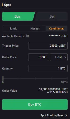 Conditional príkaz na limitný nákup. Zdroj: Bybit
