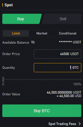 Limitný príkaz na nákup. Zdroj: Bybit