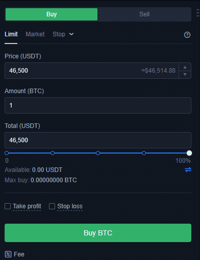 Limitný príkaz na nákup. Zdroj: Okex