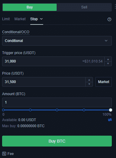 Príkaz stop na nákup. Zdroj: Okex