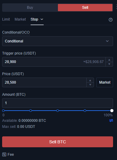 Príkaz stop na predaj. Zdroj: Okex