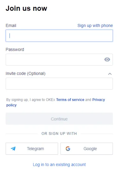 Registrácia účtu. Zdroj: Okex