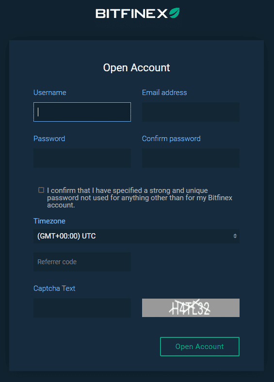 Registrácia účtu. Zdroj: Bitfinex