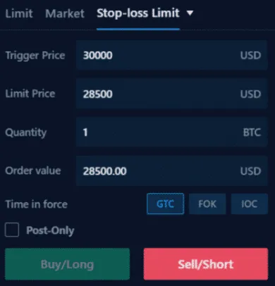 Stop-loss limit na predaj. Zdroj: Crypto.com