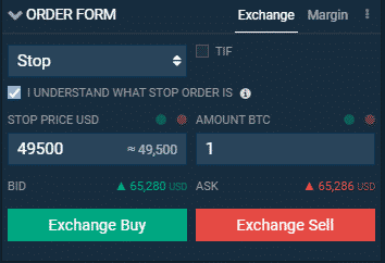 Stop príkaz na predaj. Zdroj: Bitfinex