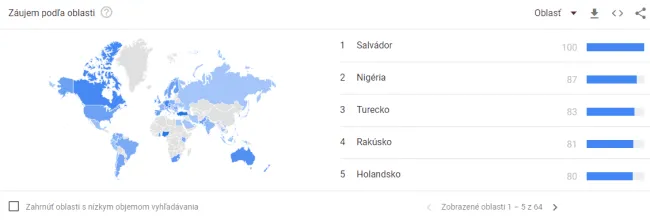 TOP 5 krajín s hľadaním pojmu Bitcoin