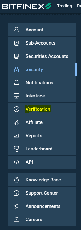 Verifikácia. Zdroj: Bitfinex