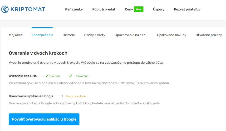 Dvojfaktorové overenie Kriptomat. Zdroj: Kriptomat