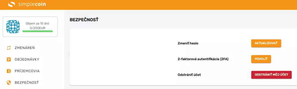 Dvojfaktorové overenie Simplecoin. Zdroj: Simplecoin
