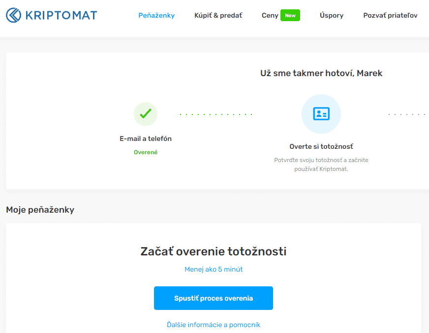 Overenie účtu Kriptomat. Zdroj: Kriptomat