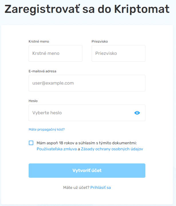Registrácua účtu Kriptomat. Zdroj: Kriptomat