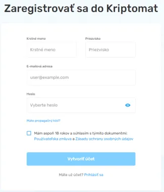 Registrácua účtu Kriptomat. Zdroj: Kriptomat