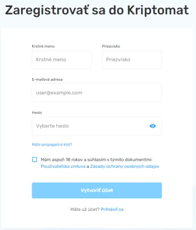 Registrácua účtu Kriptomat. Zdroj: Kriptomat