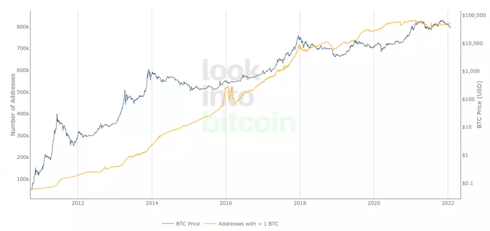 Adresy bitcoinových peňaženiek, ktoré držia aspoň 1 BTC vs. graf BTC/USD