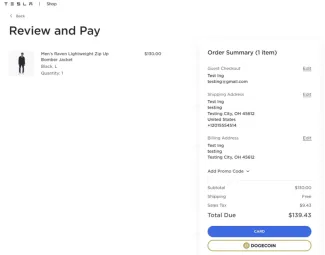 Platba Dogecoinom na stránke Tesly