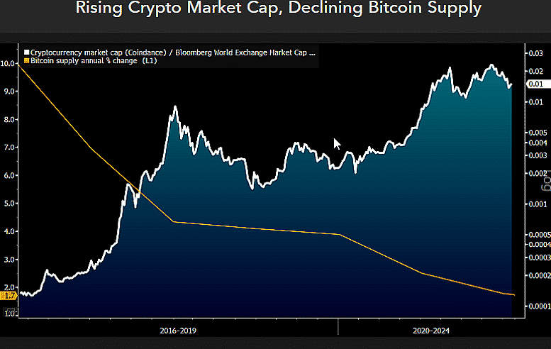 Rastúca trhová kapitalizácia kryptomien a klesajúca ponuka Bitcoinu