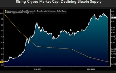 Rastúca trhová kapitalizácia kryptomien a klesajúca ponuka Bitcoinu