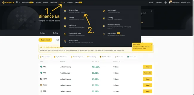 Binance staking navigácia v menu