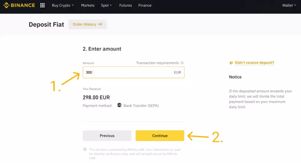 Vklad cez SEPA na burze Binance