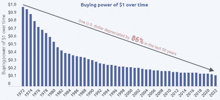 Hodnota 1 dolára klesla o 86 % percent do roku 2022