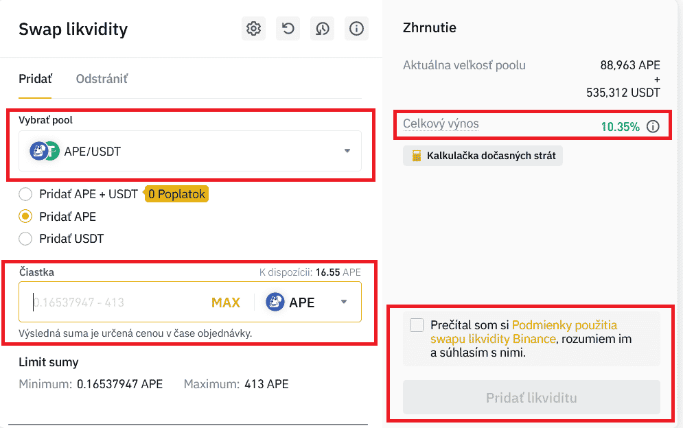 Binance: ukážka vkladu likvidity do poolu