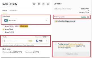 Binance: ukážka vkladu likvidity do poolu